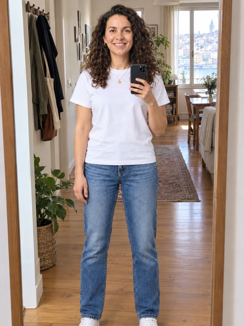 AI-üretimi temsili bir modelin sıradan günlük fotoğrafı — Ayna pozu