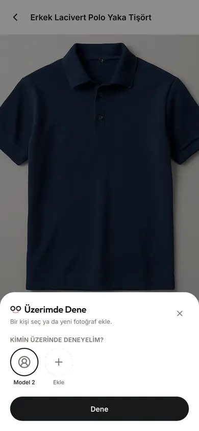 Demo uygulama: “Üzerimde Dene” paneli — polonun kimin fotoğrafında deneneceği seçiliyor