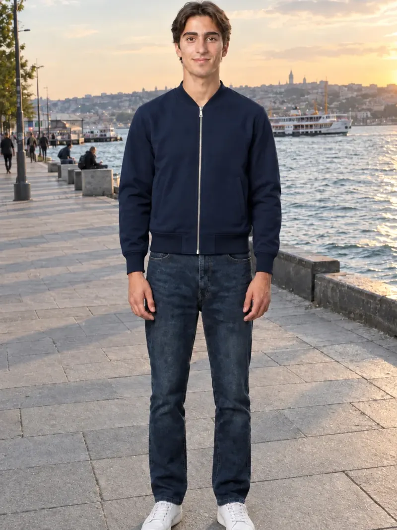 Aynı fotoğraf, Proova ile demo katalog kıyafetleri denenmiş hâlde — Tek parça